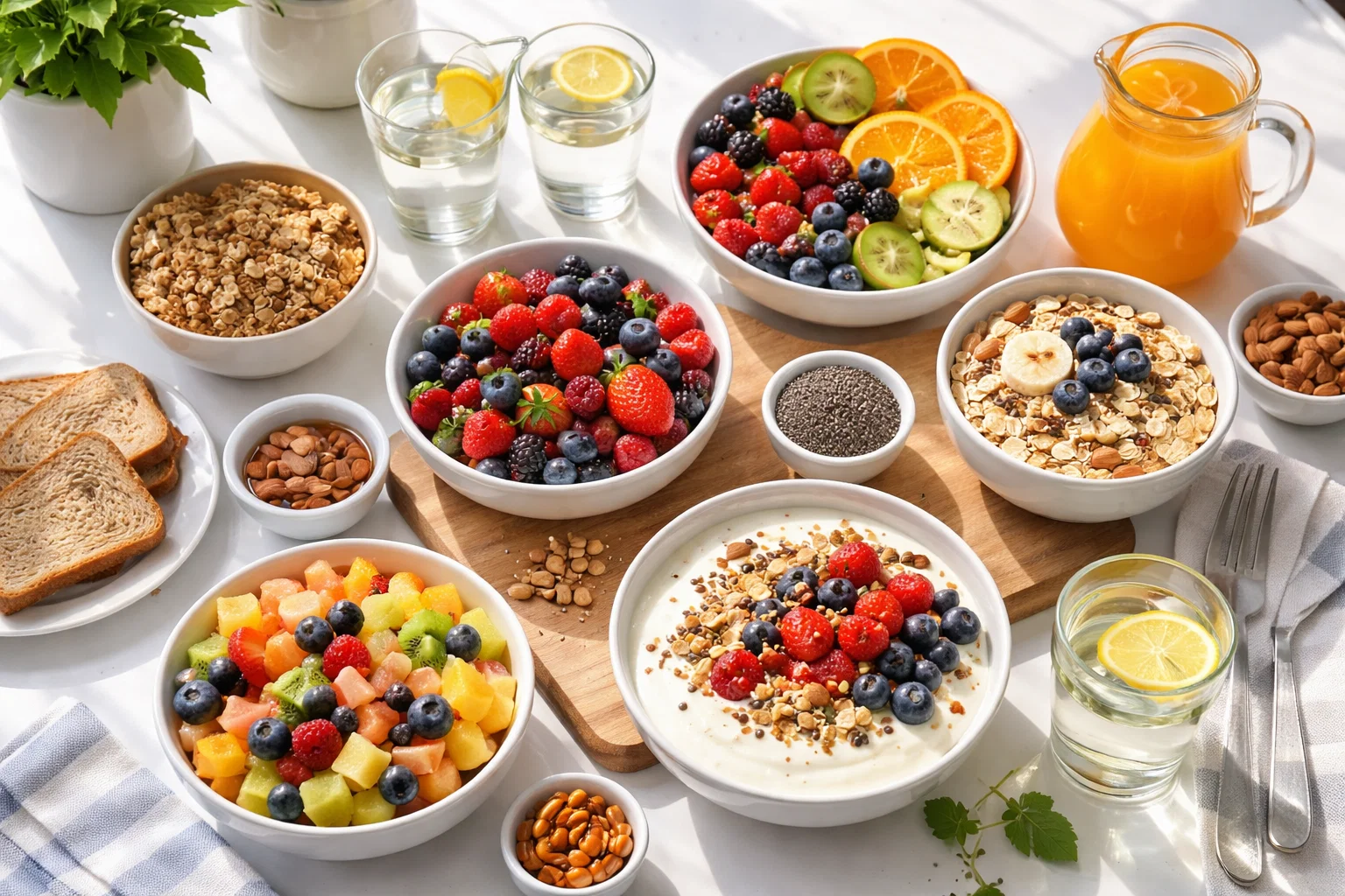 Healthy breakfast table with fresh fruits, whole grain cereals, yogurt, and water, bright morning light, clean and organized kitchen setting, overhead view, vibrant colors