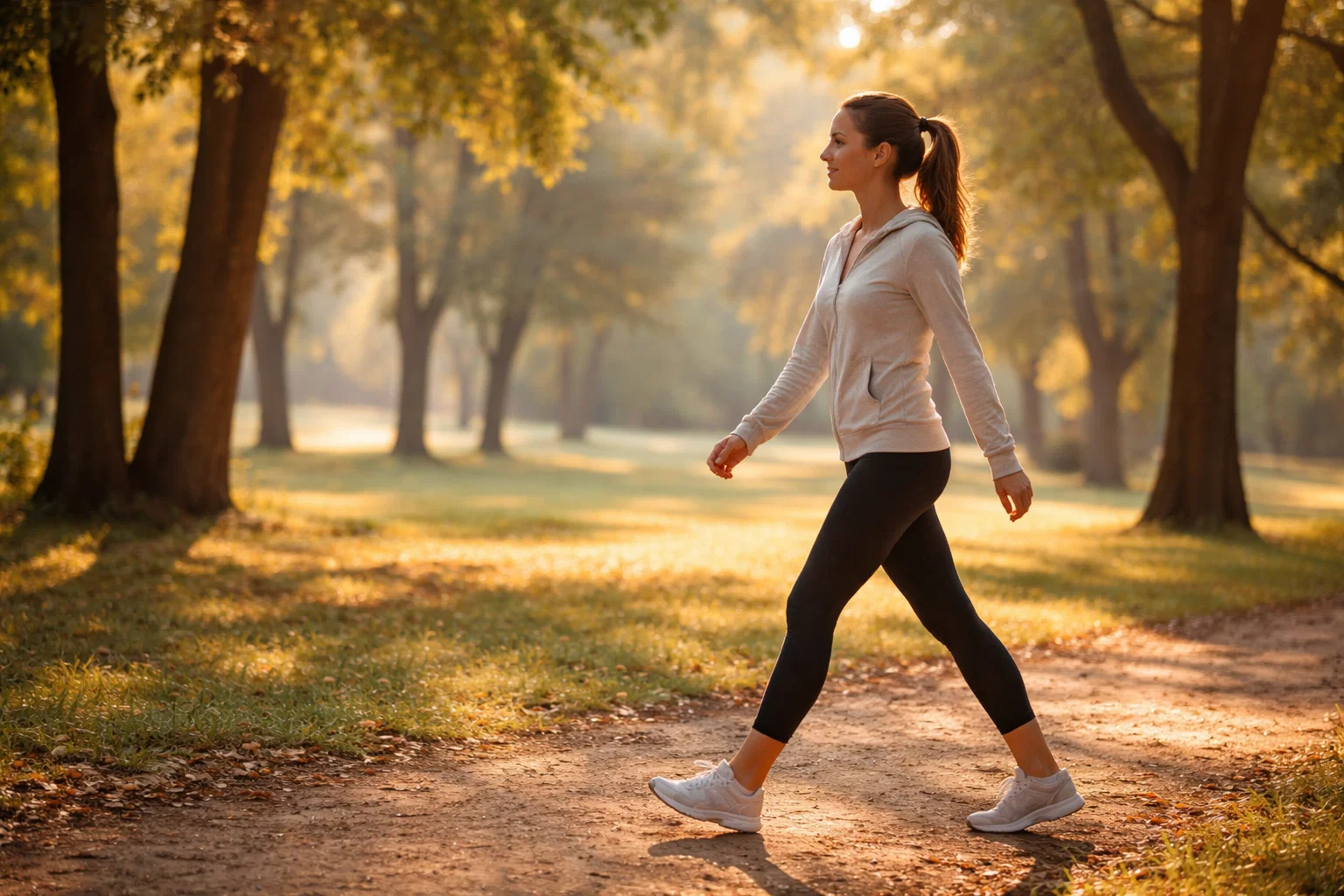 Person walking in a park during morning, surrounded by trees, wearing comfortable athletic clothes, natural sunlight, peaceful atmosphere, side view, warm tones